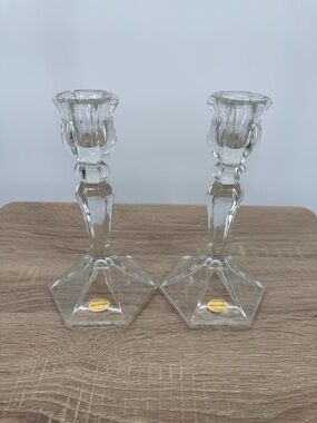 Vintage Teleflora French Crystal Glass Candlestick Holders Pair France 7"